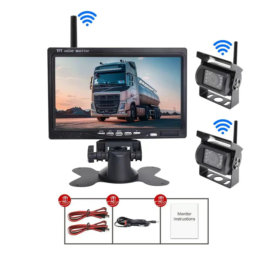 Kit Cámara de Marcha Atrás Inalámbrica AHD 1080P con Monitor IPS 7” Pantalla Dividida – Visión Nocturna para Camper, RV y Camión