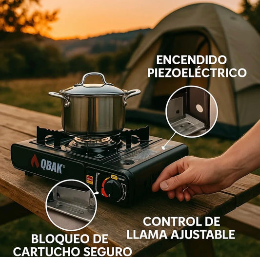 Hornillo Gas Portátil QBAK - Encendido Rápido + Llama Ajustable (Camping/RV)