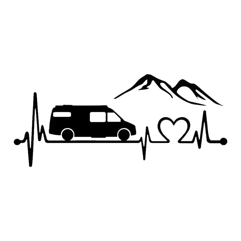 Diseño de línea de vida con camper, corazón y montañas, ideal para amantes del camping y viajes.