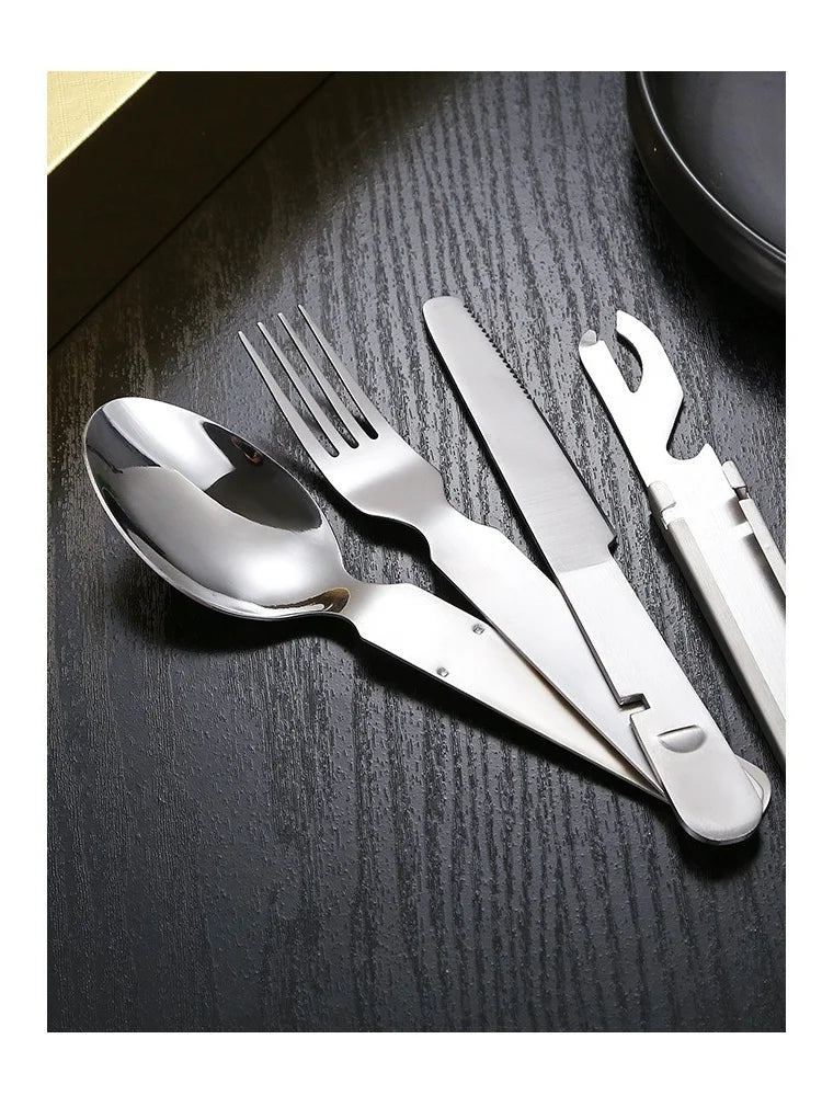 Cubiertos Acero Inox Plegables - Set 4-en-1 + Abrelatas (Camping/RV)