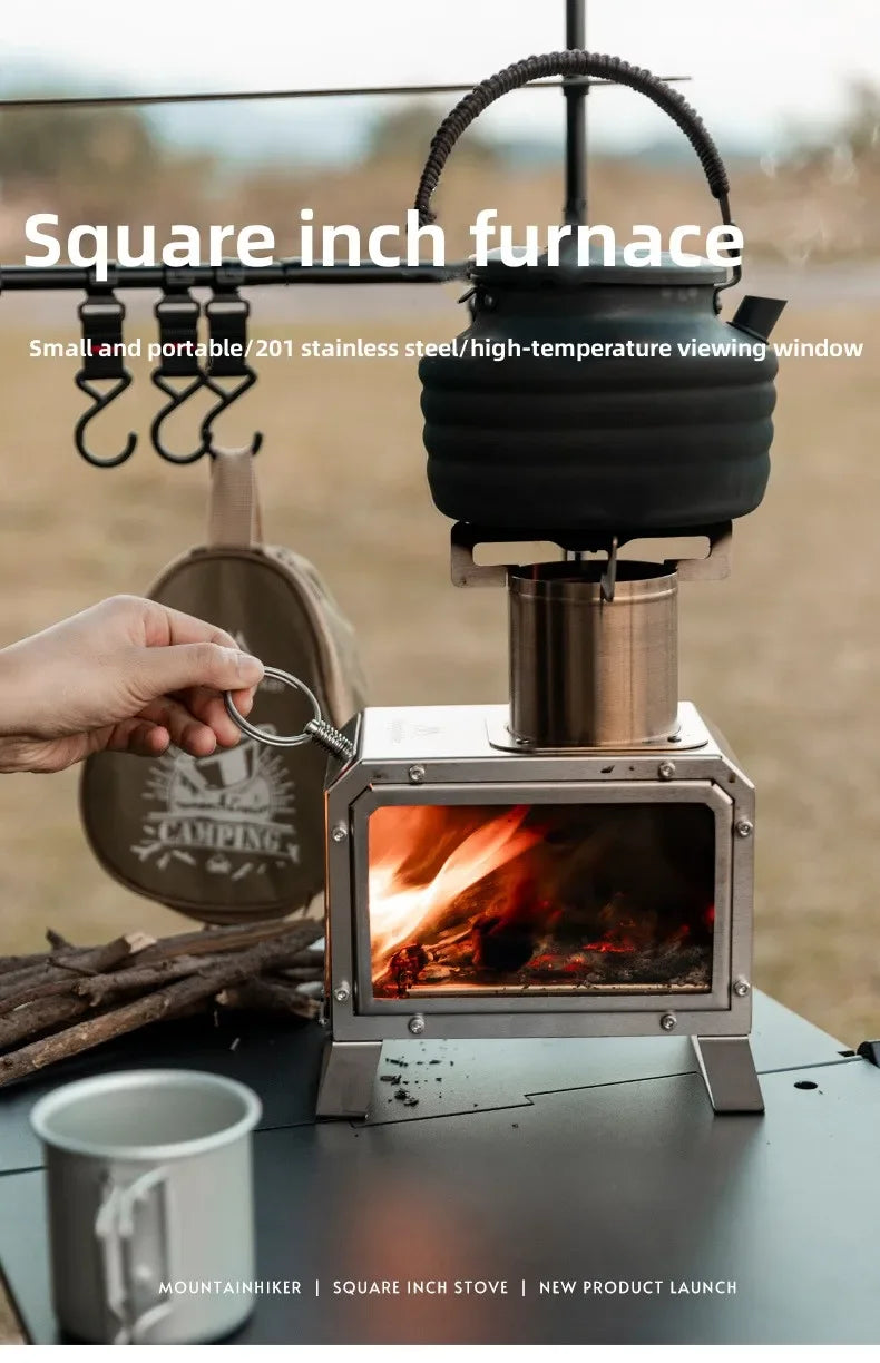 Hornillo Leña Cuadrado Acero Inox - Portátil + Bolsa para Camping y Exterior
