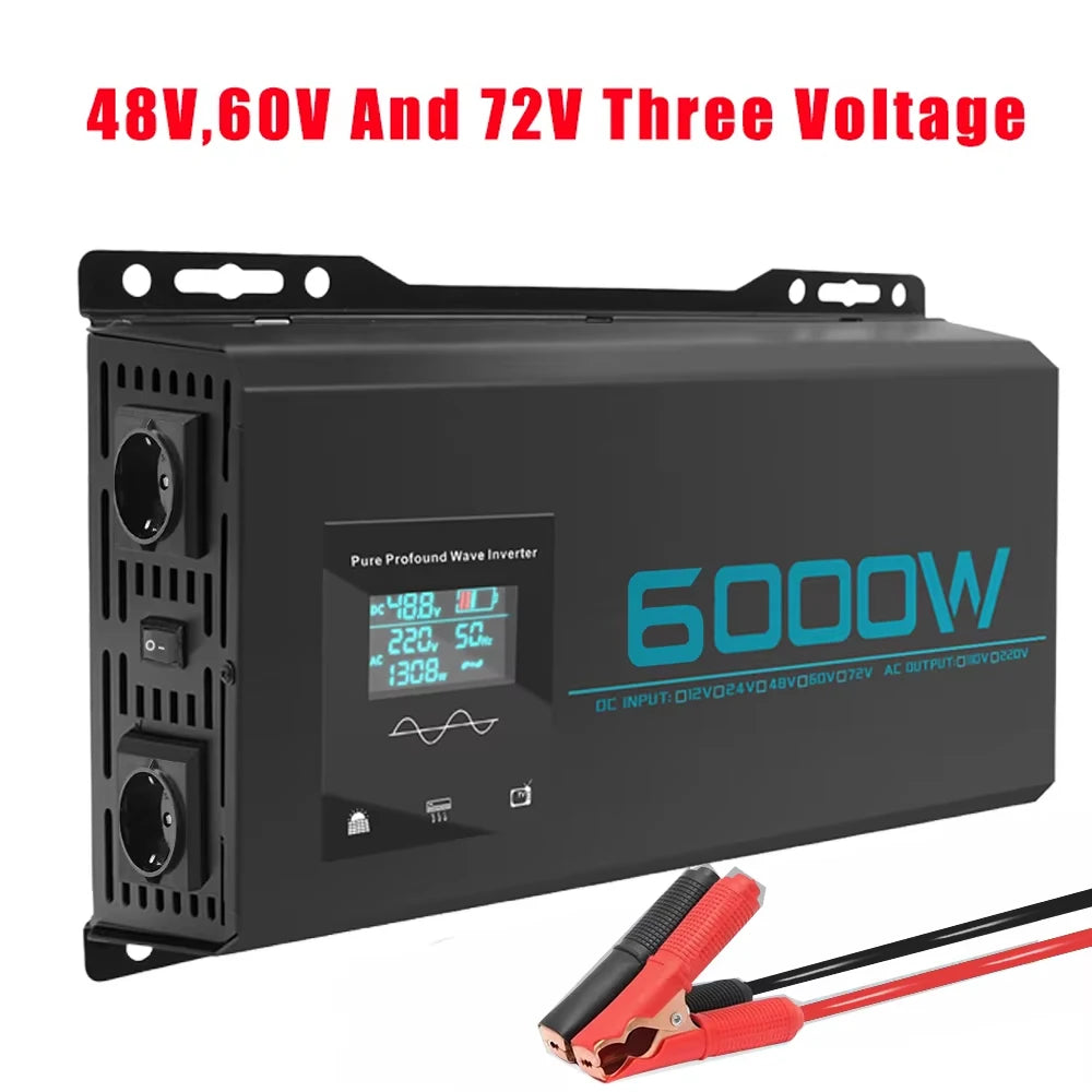 Inversor de Corriente Onda Pura 3000W 6000W Pico | Inversor DC/AC 12V–72V a 220V para RV y Camper