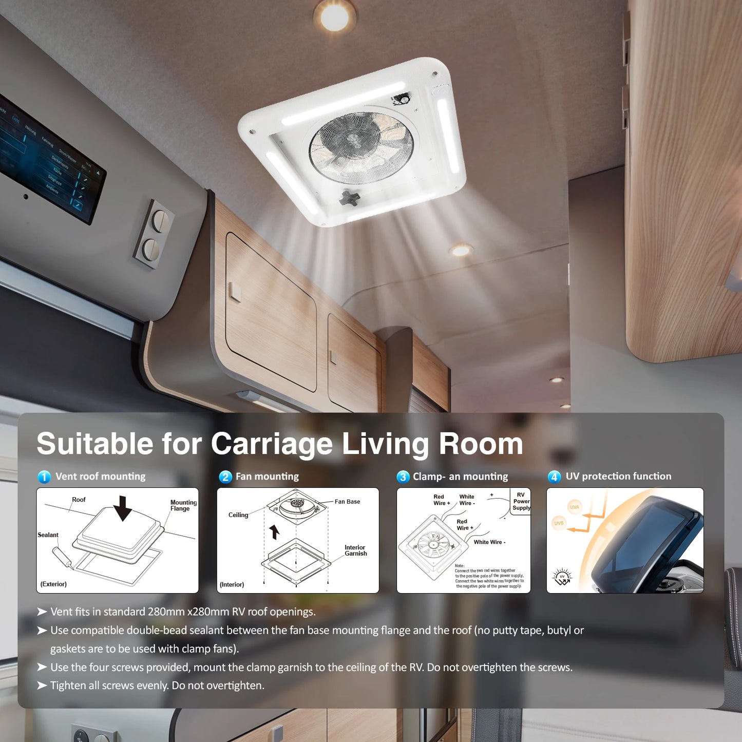 Ventilateur de plafond de camping-car 12V avec LED - Silencieux + Double flux (28x28cm)