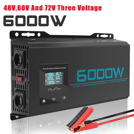 Inversor de Corriente Onda Pura 3000W 6000W Pico | Inversor DC/AC 12V–72V a 220V para RV y Camper