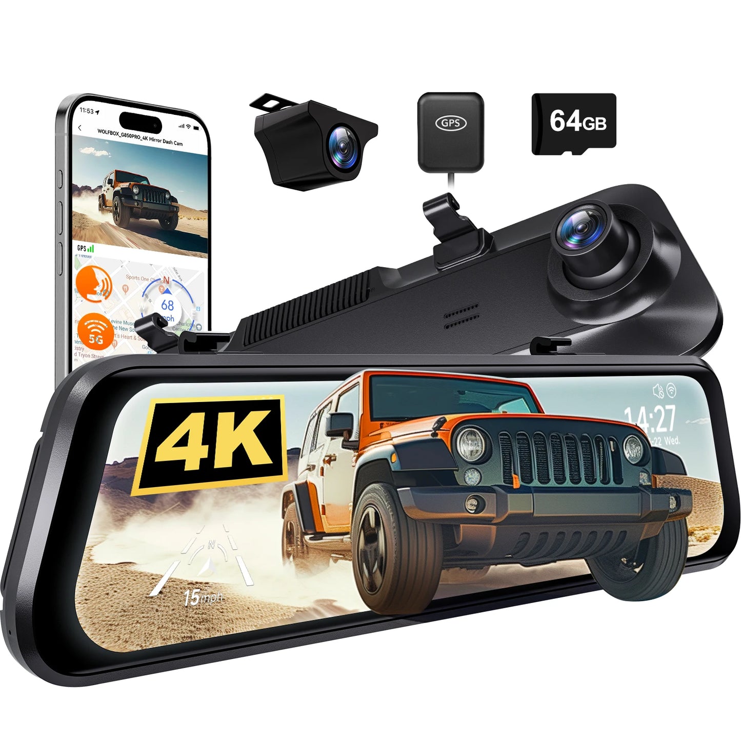Camara 4K Dual con Pantalla 12" Táctil + GPS - Wolfbox G850 Pro