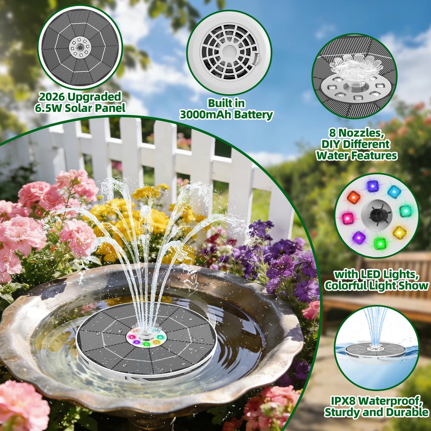 Solar Fountain with LED - 6.5W Pump + 3000mAh Battery + 8 Nozzles (Garden/Pool)