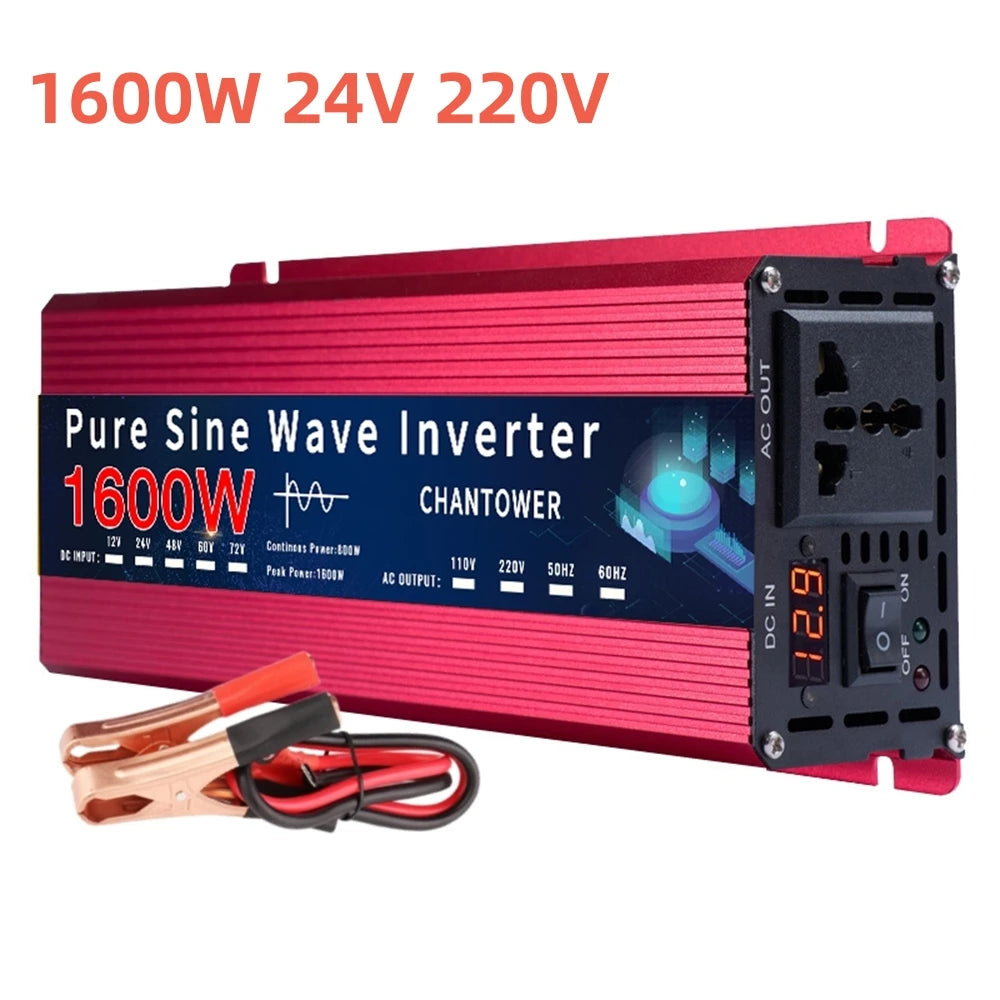 Inversor de Corriente Onda Pura 12V/24V a 110V–220V | 800W–1500W Continuos con Pantalla LCD para RV y Camper