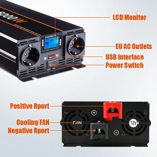 Inversor de Corriente Onda Pura 12V / 24V a 220V | 3000W – 5000W | Con Control Remoto y Pantalla LED para RV y Camper