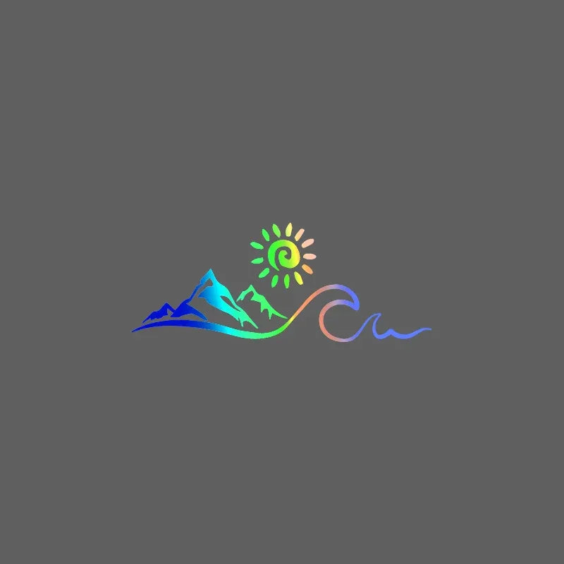 Ilustración minimalista de montañas, sol y ola en colores degradados sobre fondo gris.