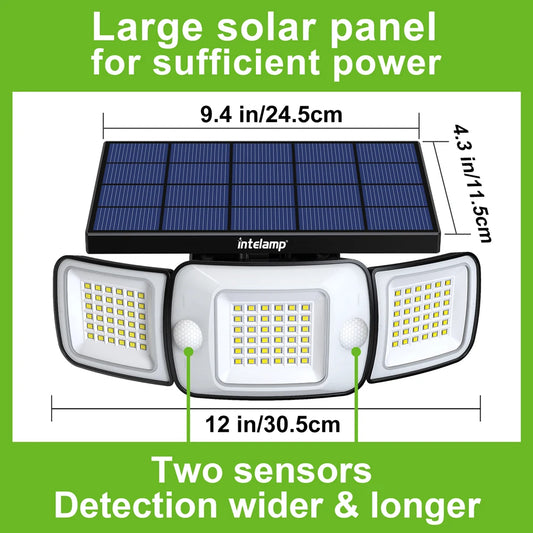 Projecteur solaire LED avec détecteur de mouvement | 3 têtes réglables, 1200 lumens, IP65