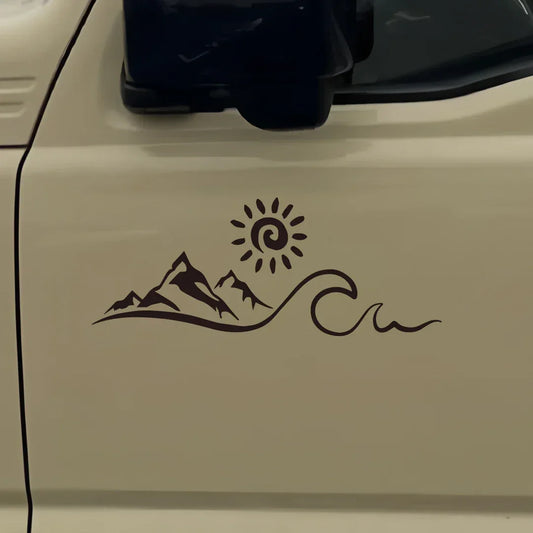 Calcomanía para coche con dibujo de montañas, sol y ola, decoración para vehículo.