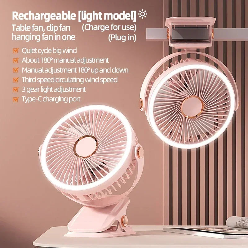 Ventilateur LED rechargeable avec pince | Conception 3-en-1 : table, plafond ou camping