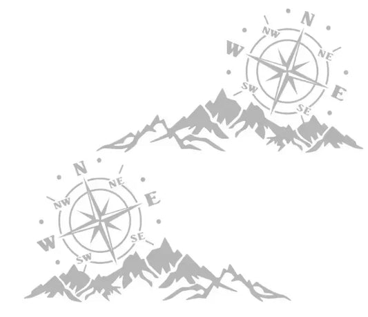 Diseño de montañas grises con rosa de los vientos, estilo minimalista, aventura y naturaleza.