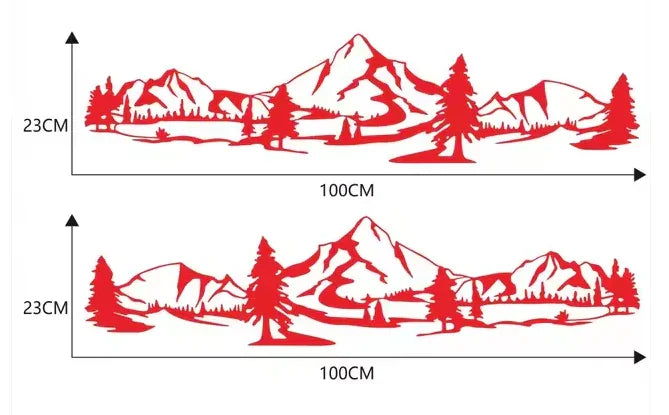 Vinilo decorativo de paisaje montañoso con árboles en rojo, medidas 100x23 cm