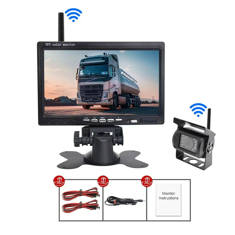Kit Cámara de Marcha Atrás Inalámbrica AHD 1080P con Monitor IPS 7” Pantalla Dividida – Visión Nocturna para Camper, RV y Camión