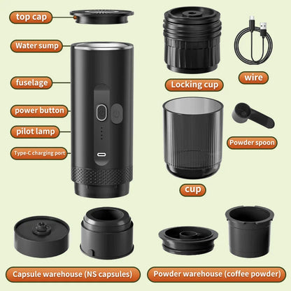 Machine à expresso portable 7500 mAh - Sans fil + Capsules/Mouture (Camping/VR)