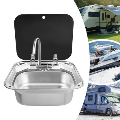 Évier de cuisine pour camping-car avec robinet pliable et couvercle en verre