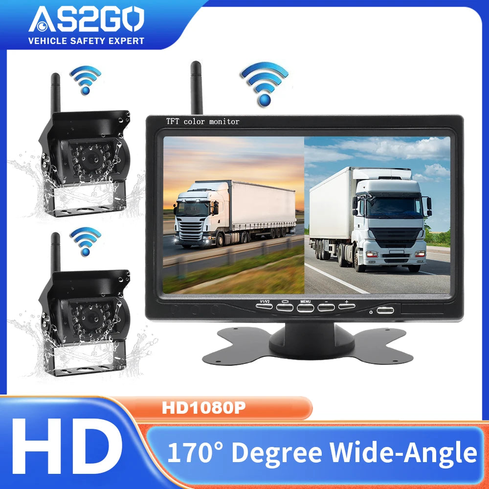 Kit Cámara de Marcha Atrás Inalámbrica AHD 1080P con Monitor IPS 7” Pantalla Dividida – Visión Nocturna para Camper, RV y Camión