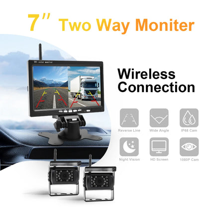 Kit Cámara de Marcha Atrás Inalámbrica AHD 1080P con Monitor IPS 7” Pantalla Dividida – Visión Nocturna para Camper, RV y Camión