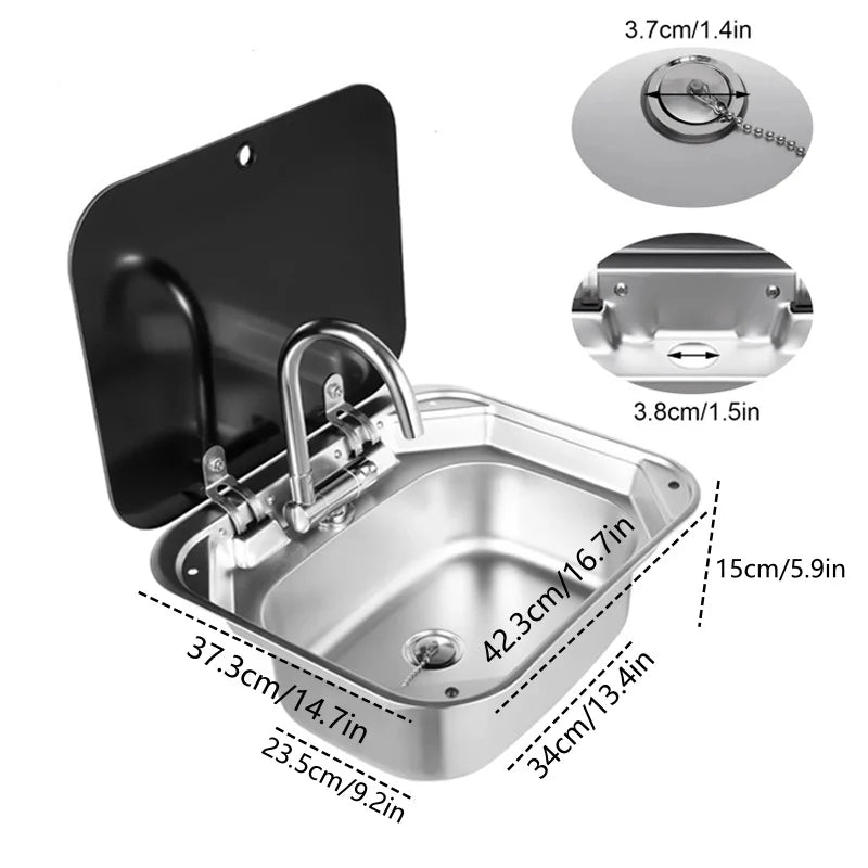 Évier de cuisine pour camping-car avec robinet pliable et couvercle en verre