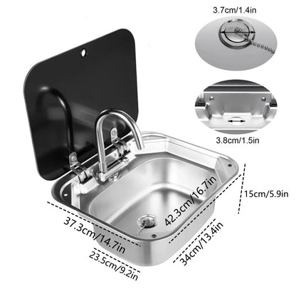 Évier de cuisine pour camping-car avec robinet pliable et couvercle en verre