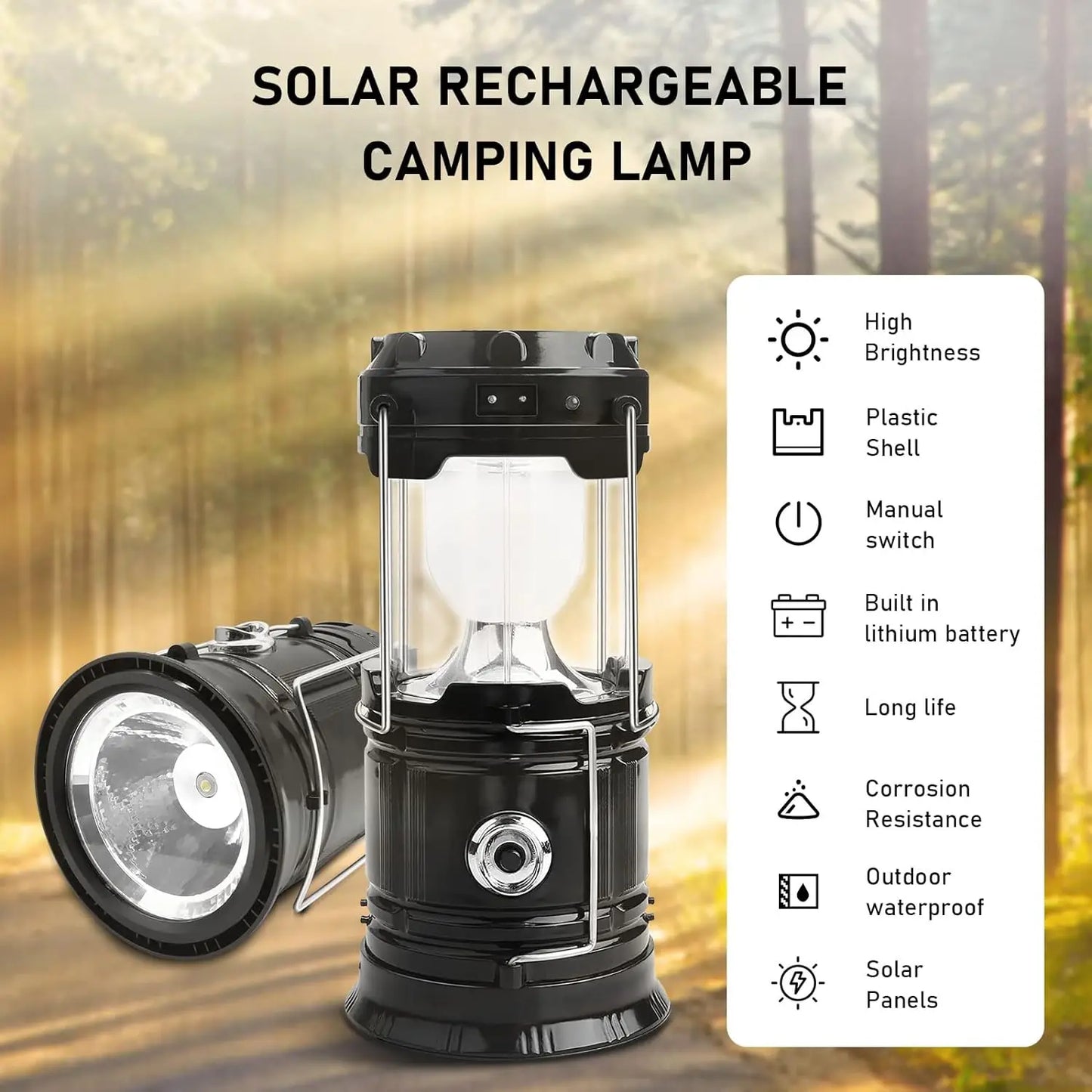 Linterna LED Solar Recargable 2 en 1 para Camping y Emergencias