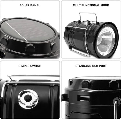 Linterna LED Solar Recargable 2 en 1 para Camping y Emergencias