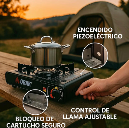 Hornillo Gas Portátil QBAK - Encendido Rápido + Llama Ajustable (Camping/RV)