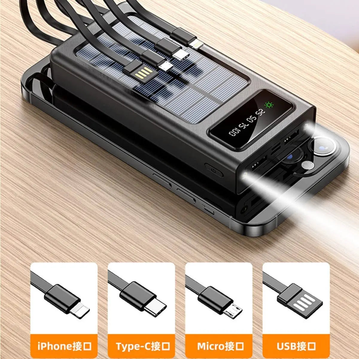 20000mAh Solar Power Bank - 4 Built-in Cables + Charges 5 Devices (Waterproof)