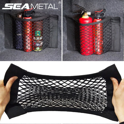 Bolsillo organizador de red elástica para auto, ideal para botellas y accesorios en el maletero.