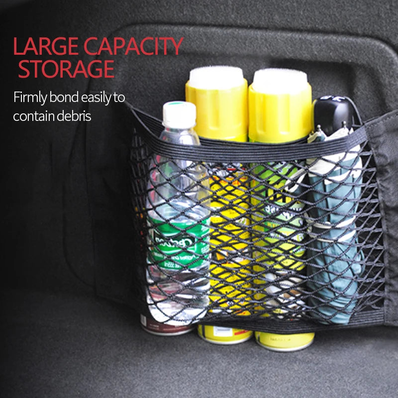 Organizador de maletero coche, bolsa de red negra con botellas y productos almacenados