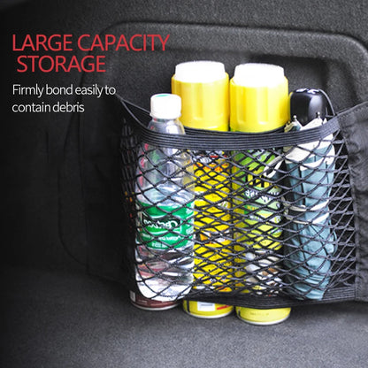 Organizador de maletero coche, bolsa de red negra con botellas y productos almacenados