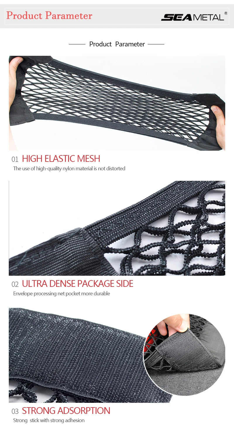 Bolsa de red elástica negra para coche, con malla de nailon resistente y bordes reforzados.