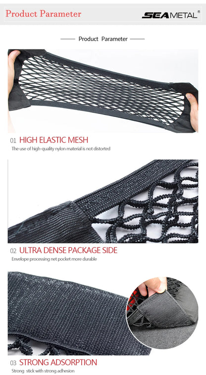 Bolsa de red elástica negra para coche, con malla de nailon resistente y bordes reforzados.
