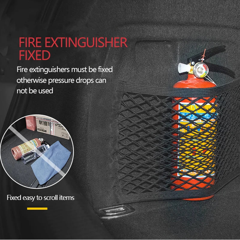 Extintor de incendios rojo sujeto en red organizadora para coche, almacenamiento seguro de emergencia