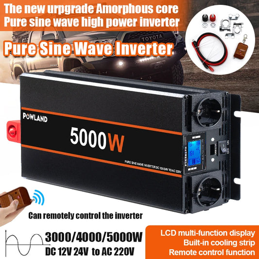 Inversor de Corriente Onda Pura 12V / 24V a 220V | 3000W – 5000W | Con Control Remoto y Pantalla LED para RV y Camper