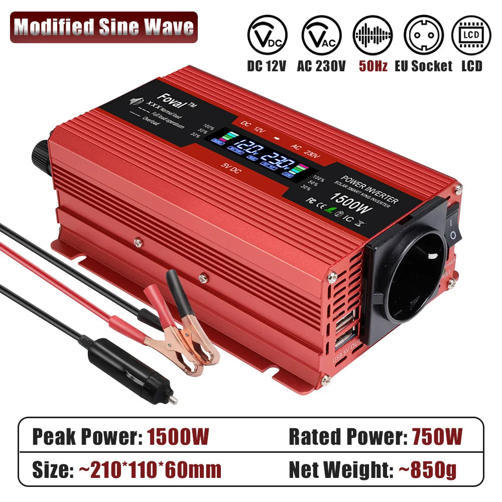 Inversor de Corriente 12V a 220V Onda Modificada con Pantalla LCD | 750W–1300W Continuos para RV, Camper y Vehículos