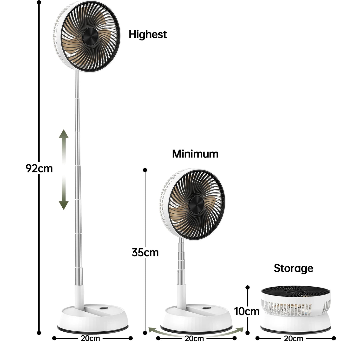 Extendable Portable Fan with Remote Control | Adjustable Height 92cm, USB-C and Quiet