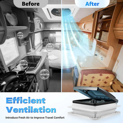 Claraboya de Techo 28×28 cm para RV y Camper – Ventilador Manual 12V con Luz LED IP68