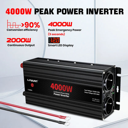 Inversor de Corriente 12V a 220V Onda Modificada | 1500W–4000W | Enchufe EU | Para RV y Camper