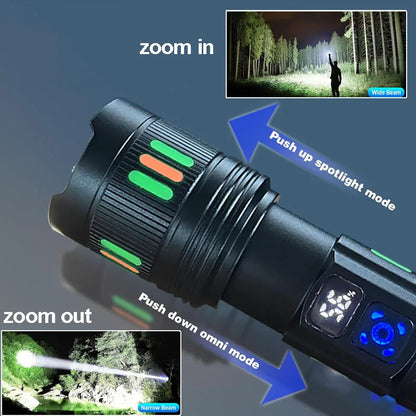 Lampe torche LED rechargeable USB-C - Zoom réglable + Affichage numérique (3 modes) pour le camping