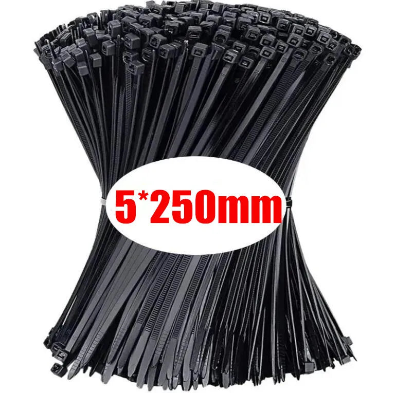 Bridas plásticas negras 5x250mm, paquete de cinchos resistentes para organización de cables.