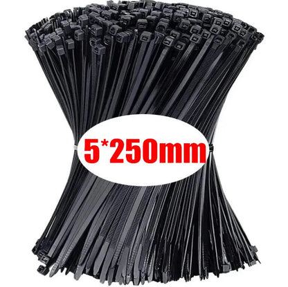 Bridas plásticas negras 5x250mm, paquete de cinchos resistentes para organización de cables.