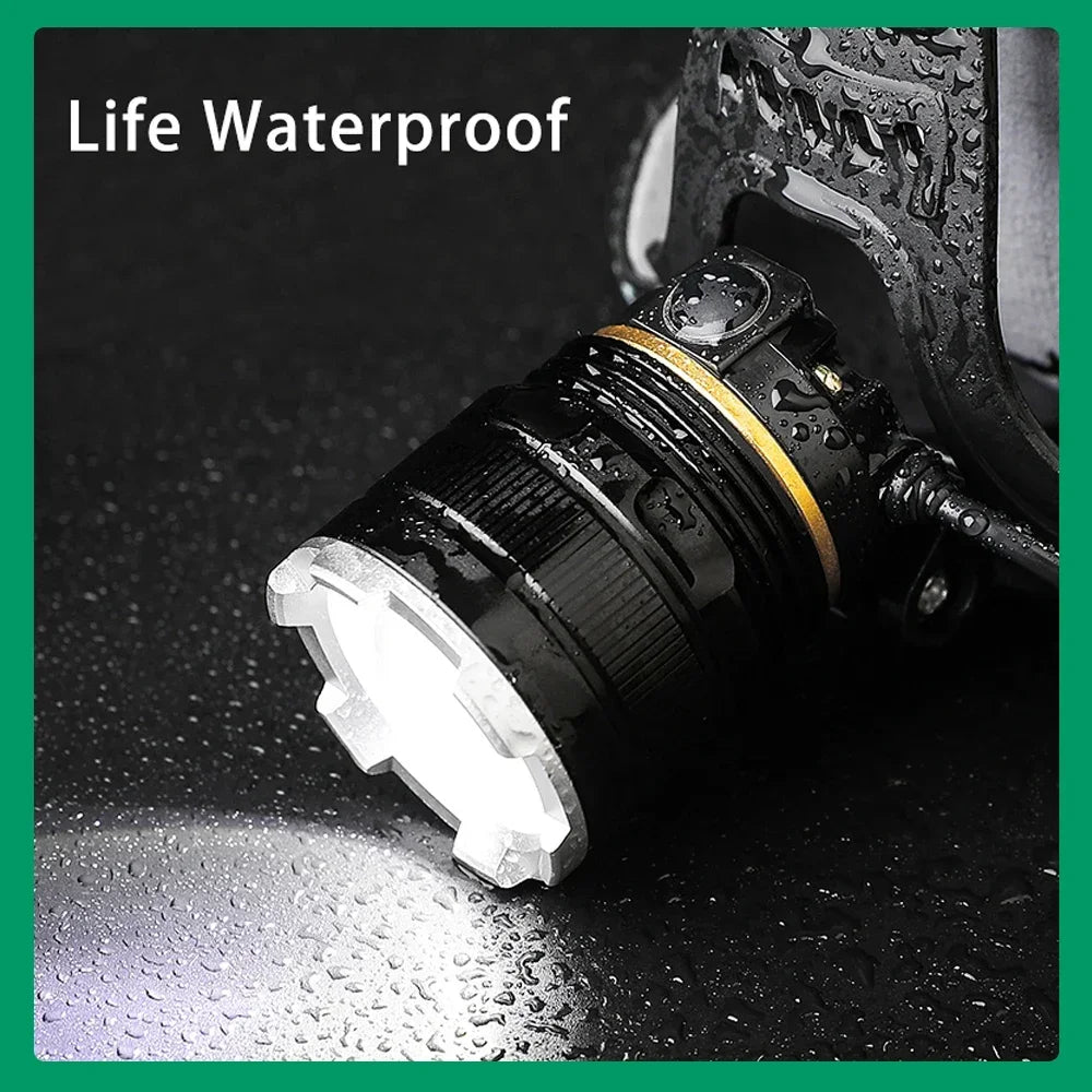 Lampe frontale LED 50W XHP90 - Lumière 360° + 3 Modes + Étanche