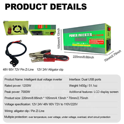 Inversor de Corriente 12V/24V/48V a 220V con Pantalla LCD | 1200W Continuos / 7000W Pico | Doble USB