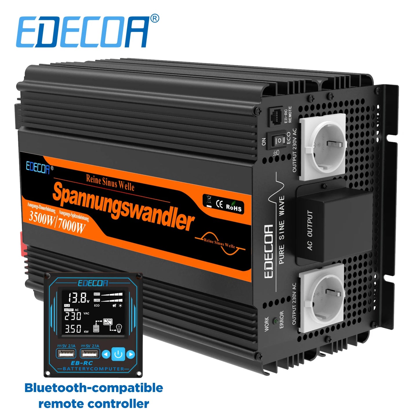 Inversor de Corriente Onda Pura 3500W 12V a 230V | Inversor Inteligente con ECO, USB, Bluetooth y Control Remoto para RV
