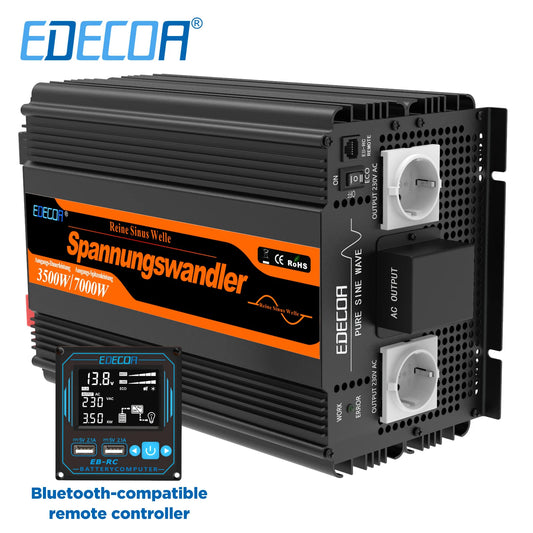Inversor de Corriente Onda Pura 3500W 12V a 230V | Inversor Inteligente con ECO, USB, Bluetooth y Control Remoto para RV