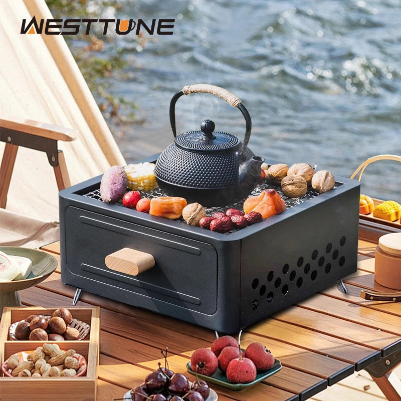 Parrilla Carbón Acero Inox Plegable - Portátil + Rejilla para Camping y Exterior
