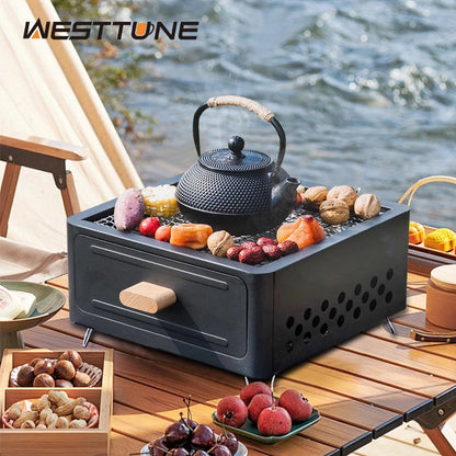 Parrilla Carbón Acero Inox Plegable - Portátil + Rejilla para Camping y Exterior