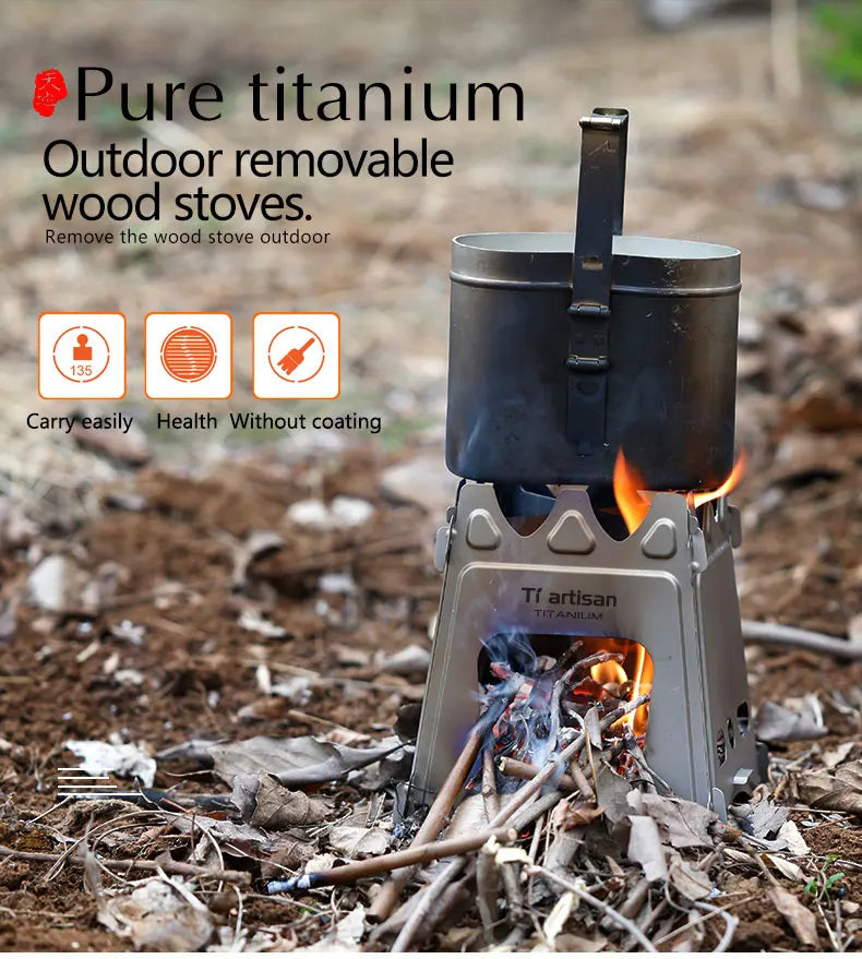Hornillo Titanio Plegable - Ultraligero + Leña para Camping y Senderismo
